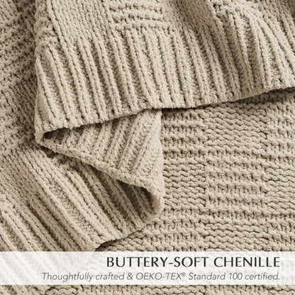 EVERGRACEHOME Modern Checkered Chenille Throw Blanket, 50x60, Sand Dune - color: Sand Dune, size: 50" X 60"