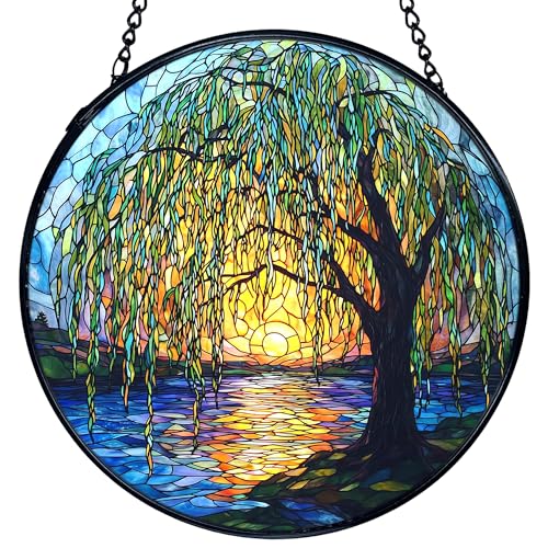 TNUW Willow Tree Stained Glass Window Hanging, Weeping Willow Sun Catchers Indoor Window Glass Round Wall Art Decor, Nature Tree Wall Hanging Decorations, 7.9＂x7.9＂