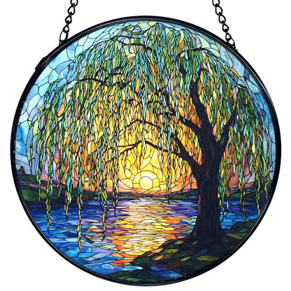 TNUW Willow Tree Stained Glass Window Hanging, Weeping Willow Sun Catchers Indoor Window Glass Round Wall Art Decor, Nature Tree Wall Hanging Decorations, 7.9＂x7.9＂