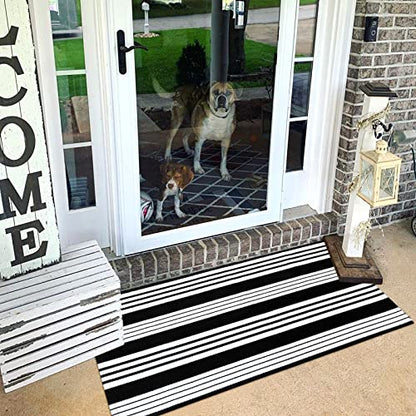 LEEVAN 2'X4.3' Black and White Striped Woven Cotton Reversible Outdoor Rug - color: Black Strip, size: 2' x 4'3"