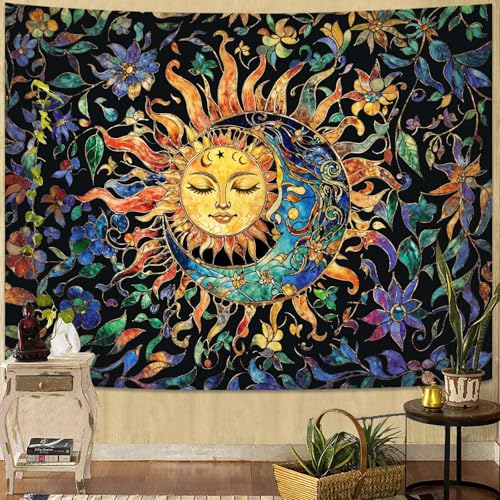 Aipon Sun and Moon Tapestry for Bedroom Boho Hippie Floral Wall Tapestry Aesthetic Vintage Stained Glass Plant Small Tapestries Wall Hanging for Living Room Dorm 48 x 36 Inch - color: Stained Glass Orange, size: 48"L x 36"W