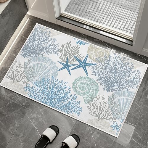 Coastal Bathroom Mat 20x32in Blue Seashel Beach Ocean Soft Thin Bathroom Rugs Fit Under Door Absorbent Non Slip Washable Bath Rugs for Bathtub Shower Sink (Blue, 20x32in) - color: Blue