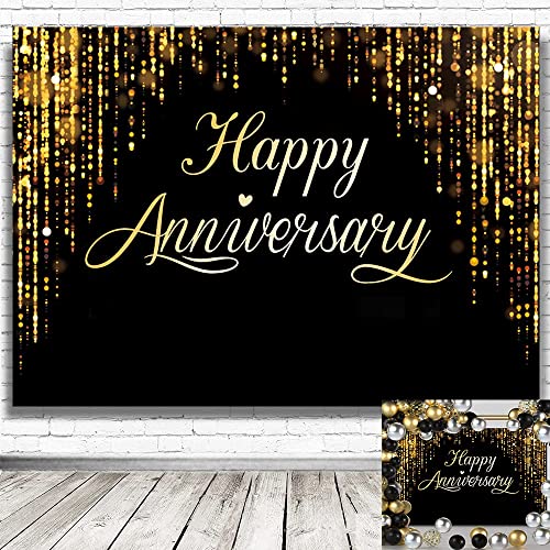 Happy Anniversary Backdrop Party Decorations, Black Gold Glitter Bokeh Dots Wedding Anniversary Party Photo Background Cake Table Banner Extra Large Wall Decor Props 6 * 4ft Valentine's Day - color: Anniversary Theme