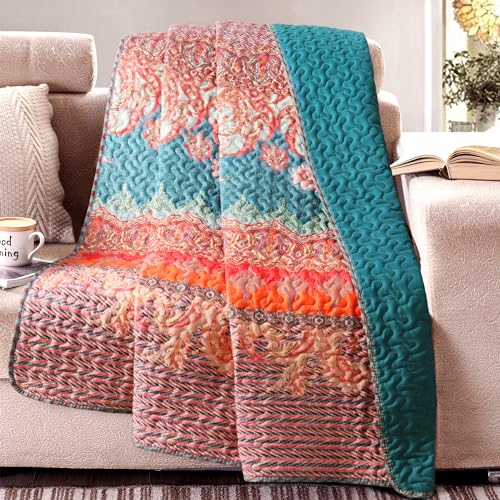 Exclusivo Mezcla Reversible Boho Quilted Throw Blanket, 50"x 60" - color: Bohemian Teal, size: 50 x 60 inch