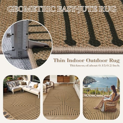 Lahome Tan Rug for Living Room,Geometric 8x10 Washable Nature Easy Jute Rug - color: Brown and Black-rhombus, size: 8 x 10 feet