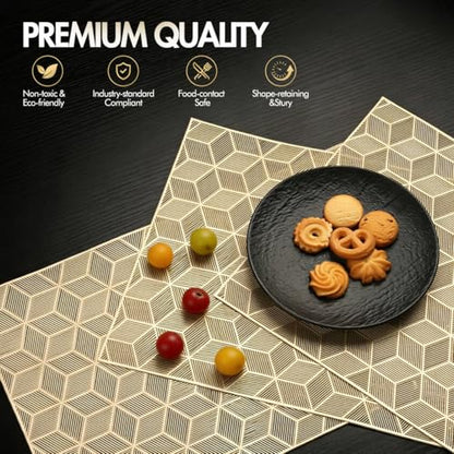 Quantum Love Geometric Gold PVC Placemats Set of 6 Heat Resistant Non-Slip Washable Dinning Kitchen Table Mats, Wipeable Square Cube Place Mats for Party Events Restaurant Wedding Home - color: Gold Cube