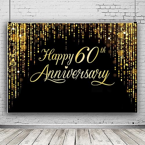 Happy 60th Annverisary Background Decorations Black Gold Backdrop Banner, Large Black Gold Photography Background Suitable for Wedding Anniversary Party Birthday Party Decoration 84 * 60'' - color: 60th Anniversary Theme