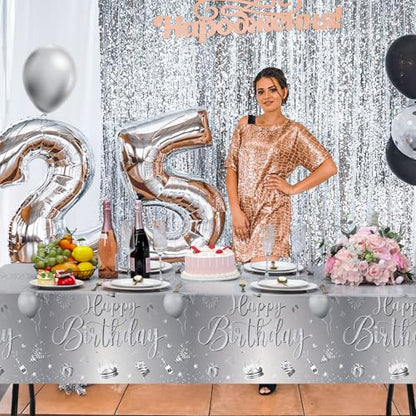Tudomro 3 Pcs Plastic Happy Birthday Party Tablecloths,Silver - color: Silver