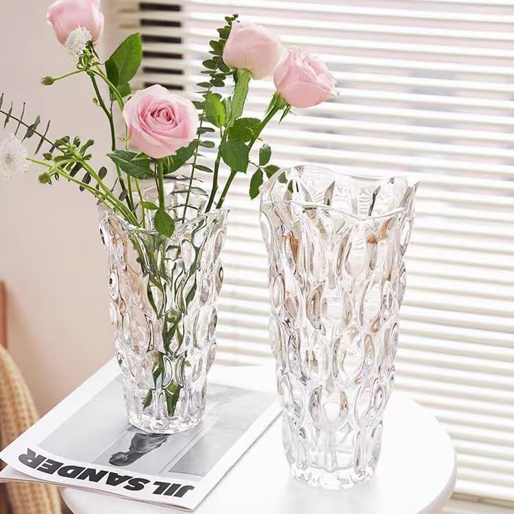 Luxury Tall Glass Vase, Premium Geometric Shape Flower Vase - White Textured Surface Home Decor, Decorative Modern Farmhouse, Ideal for Shelf, Mantle, Table & Entryway Decor, Clear