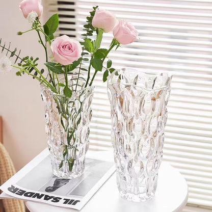 Luxury Tall Glass Vase, Premium Geometric Shape Flower Vase - White Textured Surface Home Decor, Decorative Modern Farmhouse, Ideal for Shelf, Mantle, Table & Entryway Decor, Clear