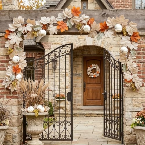 2 Pack Fall Garland with Pumpkins and Berries – 6ft Artificial Maple Leaf Garlands with Cream and Orange Leaves for Thanksgiving, Fireplace, Front Door, Farmhouse Autumn Decorations