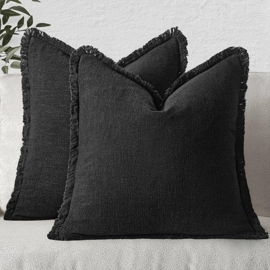 MIULEE Boho Linen Fringe Decorative Throw Pillow Covers Black 16x16 - color: Black, size: 16" x 16" (Pack of 2)
