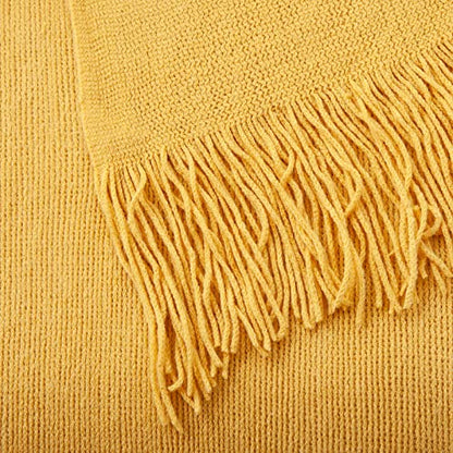 Vonty Mustard Yellow Knitted Throw Blanket with Tassels, 50x60 Acrylic - color: Yellow, size: 50" x 60"