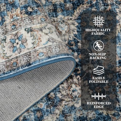 GarveeHome Washable Runner Rug 2x6 Vintage Carpet Runner with Non Slip Backing Foldable Non Shedding Retro Accent Rug Low Pile Distressed Throw Rug for Hallway Office Bedroom, Blue - color: Blue, size: 2' x 6' (Runner)