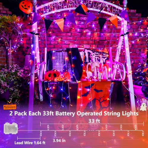 QITONG 2 Pack Battery Operated Halloween Lights, Each 33ft 100 LED - color: Orange and Purple, size: 2Pack