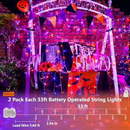 QITONG 2 Pack Battery Operated Halloween Lights, Each 33ft 100 LED - color: Orange and Purple, size: 2Pack