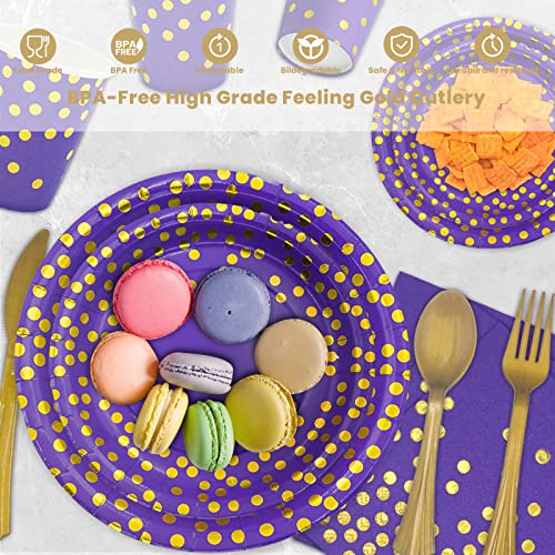 AIRE Purple Gold Paper Plates Set, 175PCS Disposable Dinnerware for 25 - color: 175pcs Purple and Gold