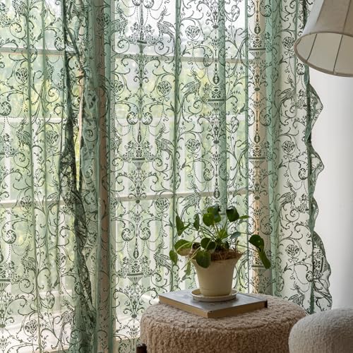 TUDECO Green Lace Sheer Curtains 72 Inch Length, Ruffle Edges, 2 Panels - color: Olive Green, size: 59"W x 72"L (Pack of 2)