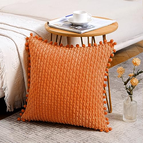 Fancy Homi Set of 2 Orange Fall Decorative Throw Pillow Covers 18x18 Inch with Pom-poms for Couch Bedroom, Halloween Pumpkin Autumn Home Decor, Soft Plush Corduroy Cute Cushion Case 45x45 cm - color: Orange, size: 18" x 18" (Pack of 2)