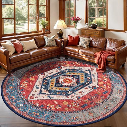 SERISSA 5ft Washable Non Slip Round Round Boho Area Rug for Bedroom，Rust - color: Rust/Multi, size: 5' (Round)