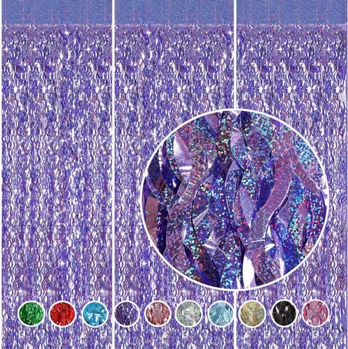 Purple Foil Fringe Curtains Party Decorations - CYLMFC 3 Pack 3.3 ft x 6.6 ft Foil Party Curtain for Hallowee Christmas Graduation Decor - color: Light Purple