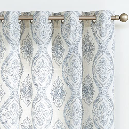 jinchan Boho Floral Linen Curtains 96 Inch Blue on Ecru Grommet 2 Panels - color: Damask Blue, size: 50"W x 96"L (Pack of 2)