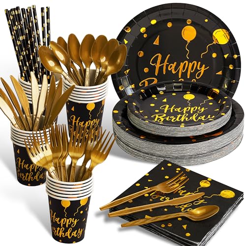 200 pieces of black and gold birthday party supplies, disposable happy birthday tableware set, gold plastic knives, forks, spoons, straws. Birthday themed tray, cup,25Guests (black) - color: Black
