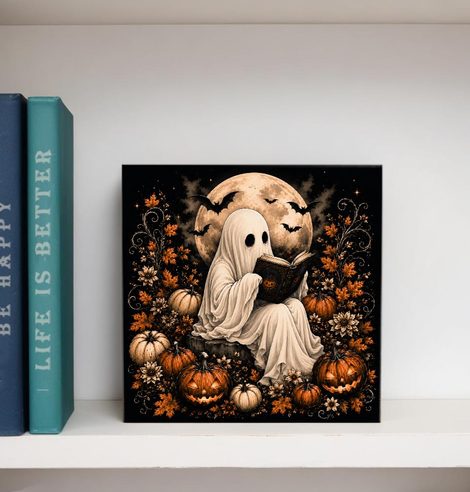Halloween Ghost Read Book Wooden Box Decorative Sign 5x5 Inch - color: N