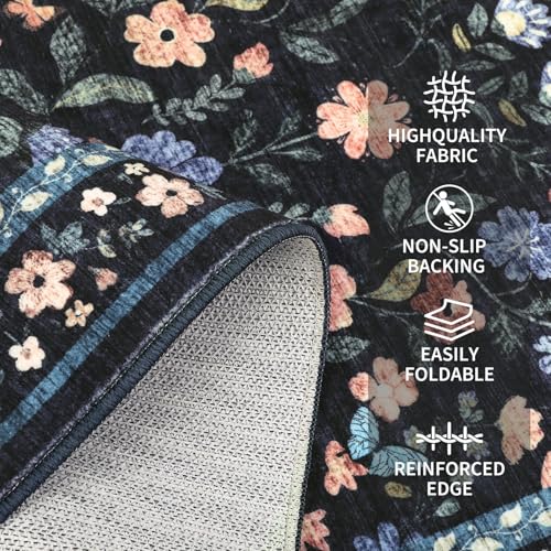 GarveeHome 4x6 Washable Floral Area Rug Low Pile Nursery Dark Grey Blue - color: Dark Grey Blue, size: 4' x 6' (Rectangular)