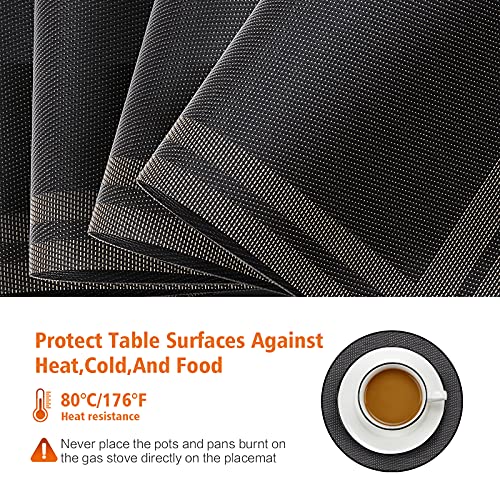 Placemats Set of 8, Vinyl Woven Black Non Slip Table Mats - color: Black Gold, size: 8PCS 12"Wx18"L