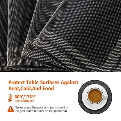 Placemats Set of 8, Vinyl Woven Black Non Slip Table Mats - color: Black Gold, size: 8PCS 12"Wx18"L