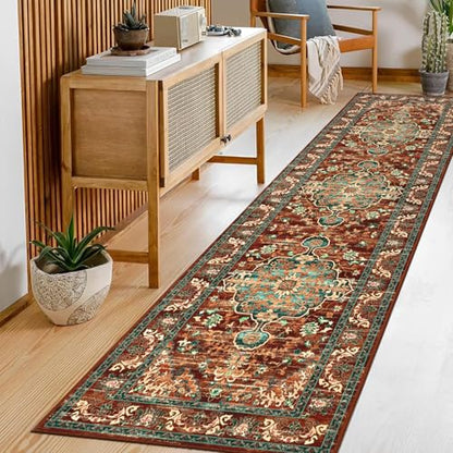 U'Artlines 2' x 8' Boho Hallway Runner Rug, Washable Carpet, Rust＆Teal - color: Rust＆teal, size: 2' x 8' (Runner)