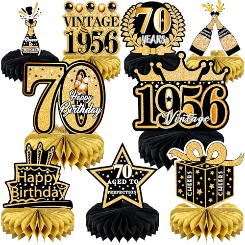 9 Pcs 70th Birthday Decoration for Men Women Table Honeycomb Seventy Decor - color: 70th-black and Gold