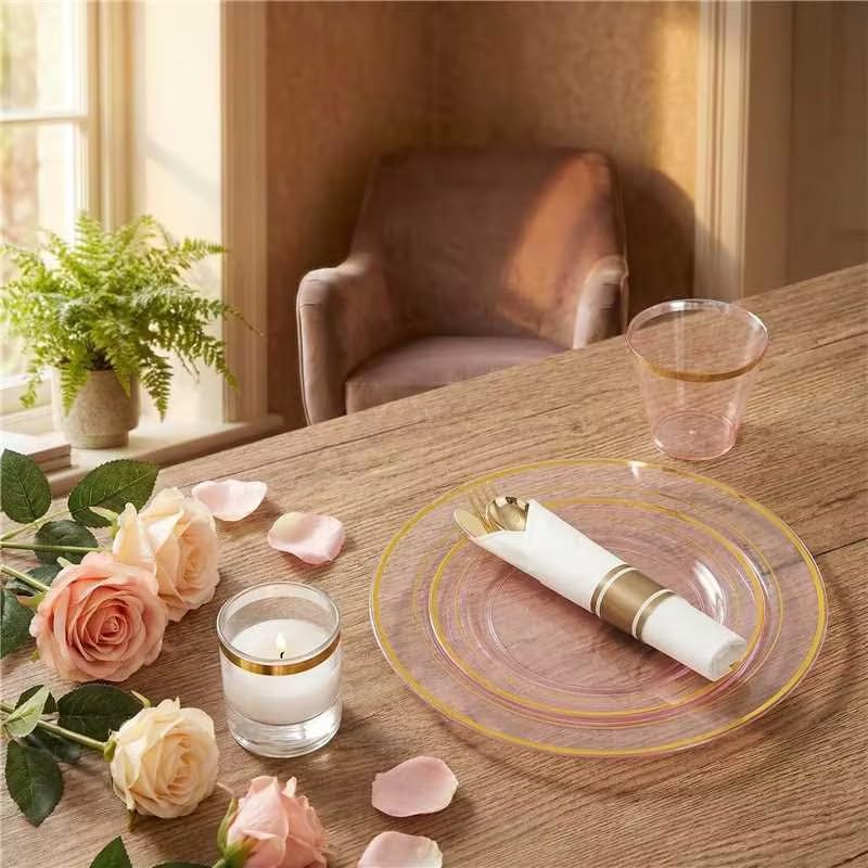 WELLIFE 350Pcs Clear-Pink Plastic Dinnerware- Pink and Gold Plastic Dinnerware include 50 Dinner Plates, 50 Dessert Plates, 150 Gold Silverware, 50 Cups and 50 Napkins Perfect for Parties - color: Clear Pink and Gold, style: 350PCS（50 Guests）