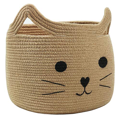 Large Woven Rope Cat Toy Basket with Cat Face Design, Jute - color: Jute, size: 15.7"W x 11.8"H