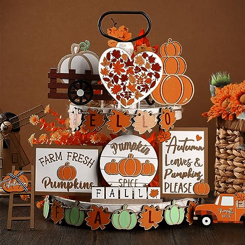 Maitys 23 Pcs Fall Tiered Tray Decor, Pumpkin Maple Leaf Truck Wooden Sign