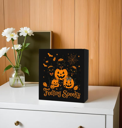 Halloween Pumpkin Black Cat Wooden Box Decorative Sign 5x5 Inch - color: F