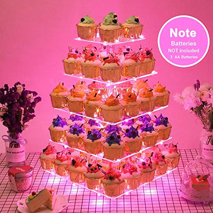 YestBuy Cupcake Stand with Pink Lights, Cupcake Tower Stand for 60 Cupcakes - color: Pink, size: 5 Tier Square