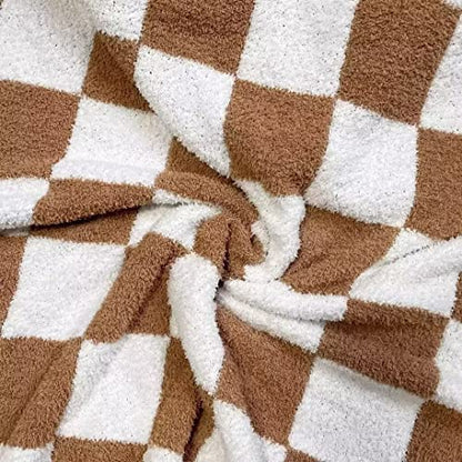 Ultra Soft Checkered Blanket Cozy Buffalo Check Throw Fluffy Knitted Reversible Throw Blanket Lightweight Fleece Checkerboard Grid Blanket for Sofa Couch Bed Travel, Orange Khaki, 51''x63'' - color: Orange Khaki