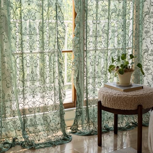 TUDECO Green Lace Curtains 96 Inch Long, Embroidered Floral Sheer 2 Panels - color: Olive Green, size: 59"W x 96"L (Pack of 2)