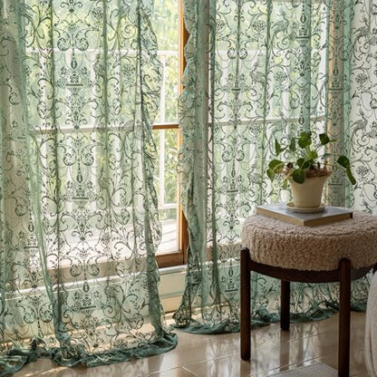 TUDECO Green Lace Curtains 96 Inch Long, Embroidered Floral Sheer 2 Panels - color: Olive Green, size: 59"W x 96"L (Pack of 2)