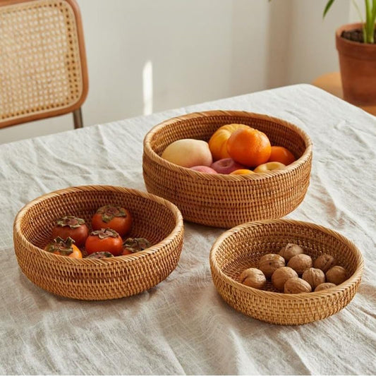 Rattan Bread Basket, Hand Woven Fruit Basket, Wicker Serving Basket Bowl, Decorative Baskets for Kitchen Counter Organizing, Set of 3 (Round) - color: Round
