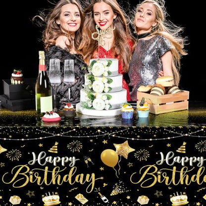 Tudomro 3 Pcs Plastic Happy Birthday Party Tablecloths,Black Gold - color: Black Gold