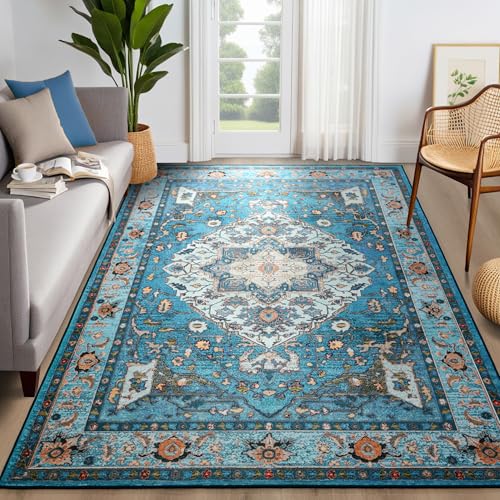 YJ.GWL Large Area Rug for Living Room, 5x7 Machine Washable Boho Rug for Bedroom, Low Pile Lightweight Thin Rugs Floral Vintage Distress Print Pattern Carpet for Dining Room, Blue/Multi - color: Blue/Multi, size: 5' x 7' (Rectangular)