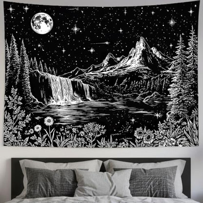 Accnicc Black and White Forest Mountain Tapestry 80x60 Inch - color: Black and White Waterfall, size: 80"L x 60"W