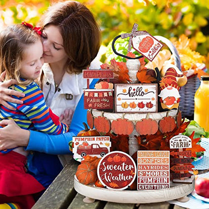 13 Pcs Fall Thanksgiving Tiered Tray Decor Pumpkin Maple Gnome Wooden Signs