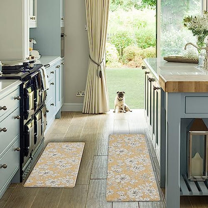 Laura Ashley - Anti-Fatigue Kitchen Mat, Iris Floral Design, Stain, Water & Fade Resistant, Cooking & Standing Relief, Non-Slip Backing, 2 Piece Set, Tawny Yellow - color: Tawny Yellow, size: 48"L x 17.5"W / 28"L x 17.5"W