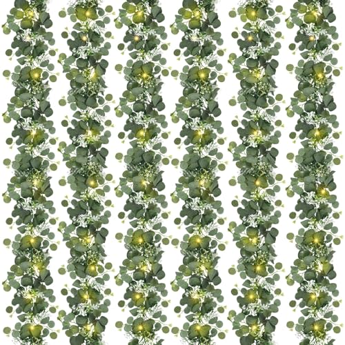 N&T NIETING 6 Pack Artificial Eucalyptus Garland with Lights, 6FT Artificial Greenery Summer Garlands, Battery Operated Twig Vine for Room Stairs Mantle Wedding Holiday Decoration Indoor Outdoor - size: 6