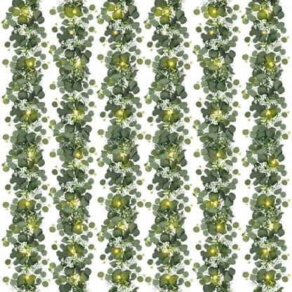 N&T NIETING 6 Pack Artificial Eucalyptus Garland with Lights, 6FT Artificial Greenery Summer Garlands, Battery Operated Twig Vine for Room Stairs Mantle Wedding Holiday Decoration Indoor Outdoor - size: 6