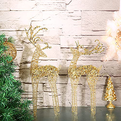 2pc Set White Bead Gold Winding Thread String Christmas Reindeer Figurine Table Desk Decorations Glittering Xmas Holiday Party Supply - color: Gold